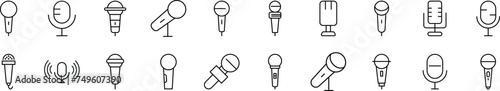 Set of line icons of microphone. Editable stroke. Simple outline sign for web sites, newspapers, articles book