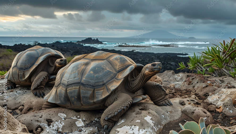Two giant tortoises rest on a rugged volcanic coastline with the ocean and waves in the background