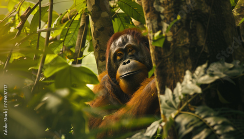 A lone orangutan peers out from its leafy home in the jungle
