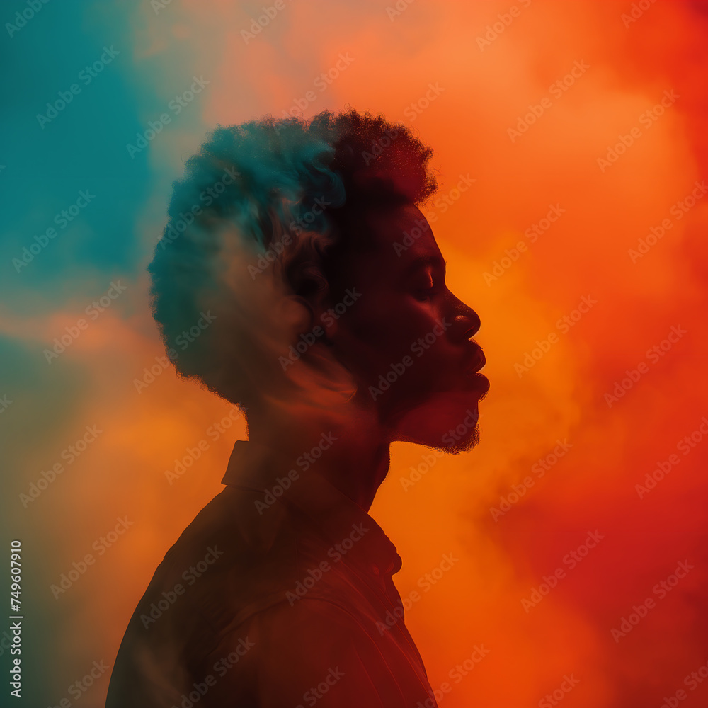 Silhouette of a person against a vibrant, colorful smoke background. This image is perfect for: abstract art, profile silhouette, color theory, emotion expression, visual arts.