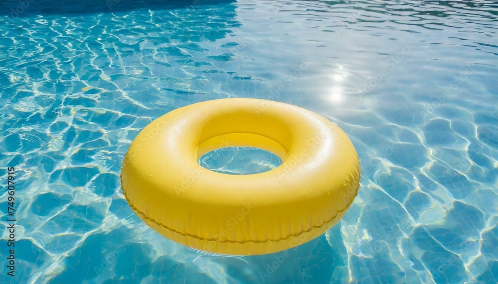 yellow swimming pool ring float in blue water. concept color summer. top view yellow swimming pool ring float in blue water. concept color summer. top view