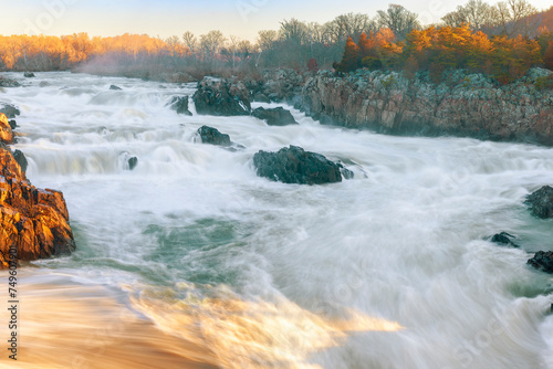 View of the Great Falls of the Potomac River at a foggy winter sunrise