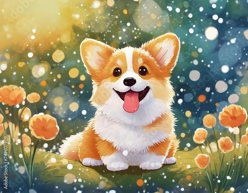 A cute, adorable, happy kawaii pappy smilling at viewer. Vibrant, dreamy vibe around the puppy. Kawaii art.  photo
