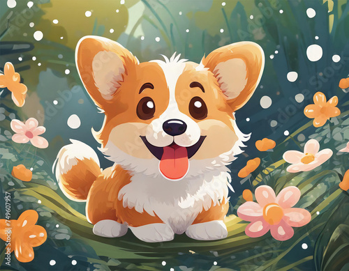 A cute, adorable, happy kawaii pappy smilling at viewer. Vibrant, dreamy vibe around the puppy. Kawaii art.  photo