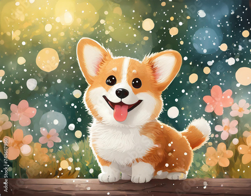 A cute, adorable, happy kawaii pappy smilling at viewer. Vibrant, dreamy vibe around the puppy. Kawaii art.  photo