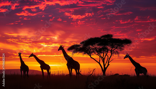 Four giraffes stand silhouetted against a stunningly vibrant sunset sky filled with red and orange hues