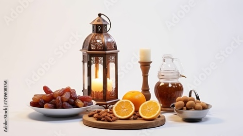 Table Set With Plate of Fruit and Lantern for Ramadan 2024