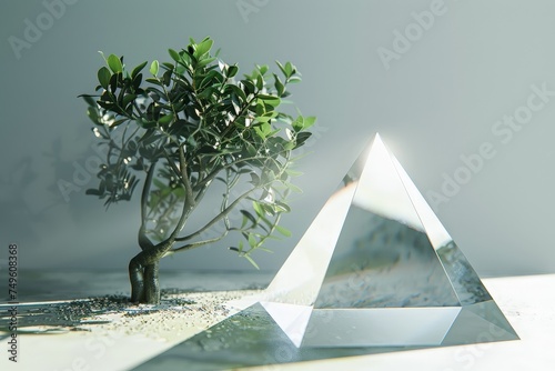 A tree is in front of a pyramid