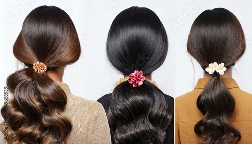 Various haircuts for woman with black hair - long straight  wavy  braided ponytail  small perm  bobcut and short hairs. View from behind on white background