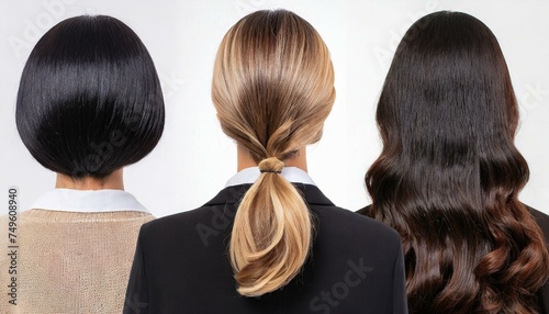 Various haircuts for woman with black hair - long straight, wavy, braided ponytail, small perm, bobcut and short hairs. View from behind on white background