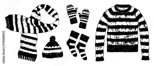 Collection of drawn striped wool knitted clothing for cold weather, sweater, hat, mitten, scarf, black and white vector illustration isolated on white