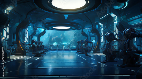 A gym interior for a futuristic underwater research facility fitness center, with underwater research workouts and marine decor.