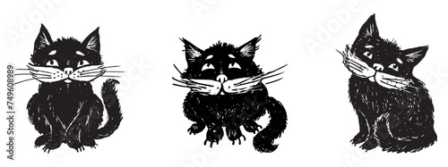 Hand drawings of three sitting cute cartoon black cats, black and white vector illustration isolated on white