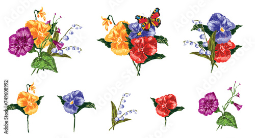 Hand drawings of three small bouquets from colorful pansies and lily of the valley with butterfly, vector illustration isolated on white