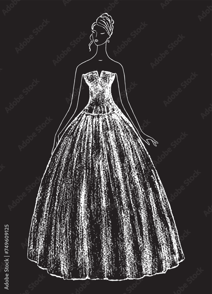 Obraz premium Textured outline drawing of young slim beautiful lady in evening gown, vector illustration black and white