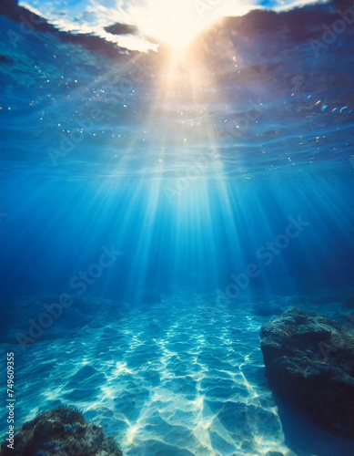 Underwater background with blue water and sun rays