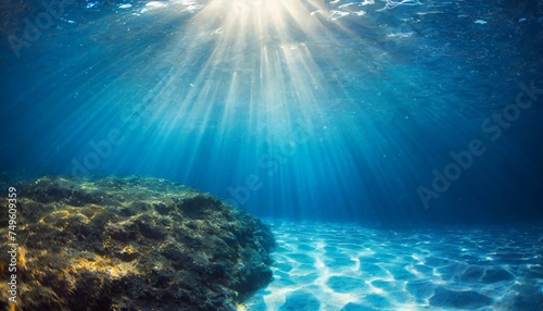 Underwater background with blue water and sun rays