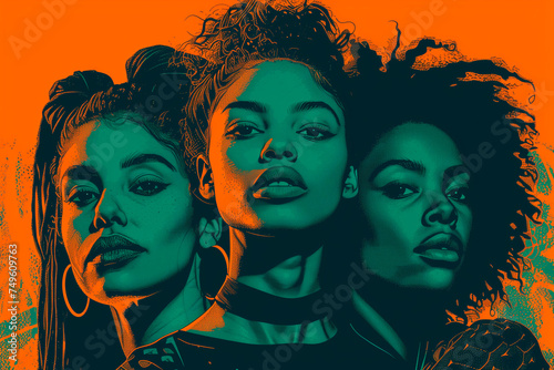 An orange and dark green duotone image of three women for women's history celebrating women's history