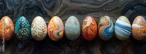 Colorful easter eggs lined up on table, resembling gemstones