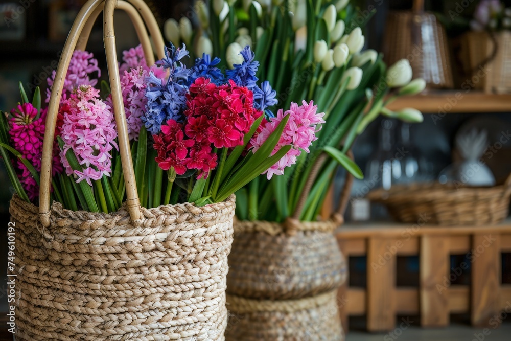 A basket of flowers sits on a table with other baskets of flowers