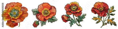 Iceland Poppy flower embroidered patch badge Hyperrealistic Highly Detailed Isolated On Transparent Background Png File
