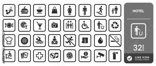 COLLECTION OF LINE EDITABLE HOTEL VECTOR ICONS. KIT WITH SQUARE PLATES FOR RESTAURANTS, BATHROOMS, WET AREAS, FIRE AREAS, LEISURE AREAS, SECURITY, SPORTS, FAMILY AREAS AND OTHERS