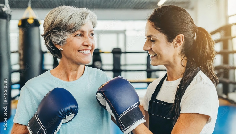 Fototapeta premium Senior woman boxer, displaying vitality and resilience, practicing with her coach