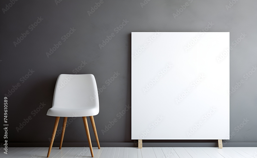 White chair near grey wall with picture, space for text White chair near grey wall with picture, space for text