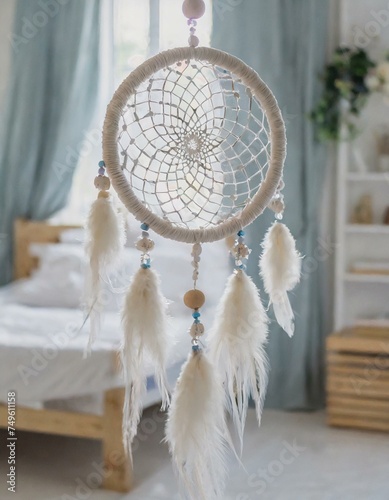 White handmade dreamcatcher in bedroom. Interior decoration