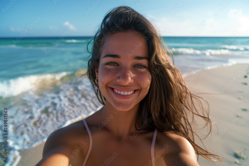 Portrait of calm happy smiling free woman laughing at her smartphone camera taking a selfie enjoying a beautiful moment life on the seashore Portrait of calm happy smiling free woman laughing at her smartphone camera taking a selfie enjoying a beautiful moment life on the seashore