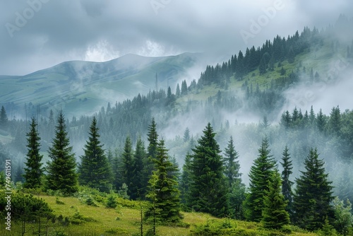 A lush green forest with a misty, cloudy sky above