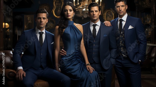 Against a solid royal blue backdrop, a group of elegant models poses with grace and poise. The regal color adds a touch of sophistication to the composition