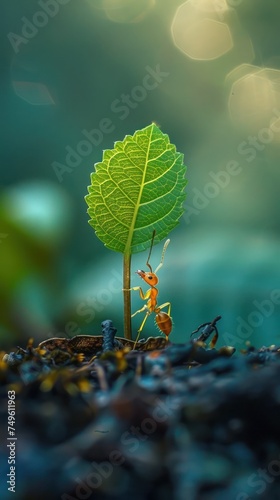 Close up of a tiny ant lifting a leaf many times its size minimalist scene highlighting strength and determination