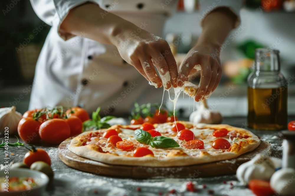 A chef is making a pizza with cheese and tomatoes