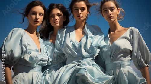 Against a solid sky blue backdrop, a group of ethereal models poses with grace and serenity. Their flowing dresses and serene expressions create a dreamlike and captivating image