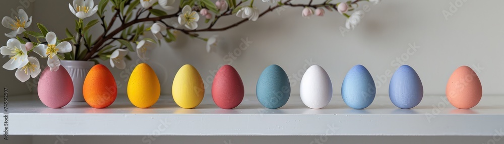 A medium shot of a minimalist Easter scene a white shelf with small rainbow colored egg figurines displayed in a row watercolor tone pastel 3D Animator A medium shot of a minimalist Easter scene a white shelf with small rainbow colored egg figurines displayed in a row watercolor tone pastel 3D Animator