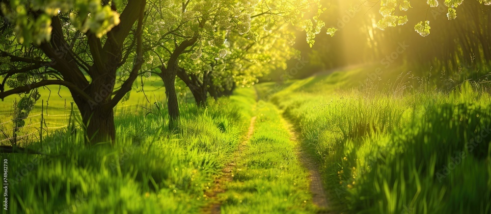 A path meanders through a vibrant green field, surrounded by lush greenery and spring colors. The scene is filled with freshness and life.