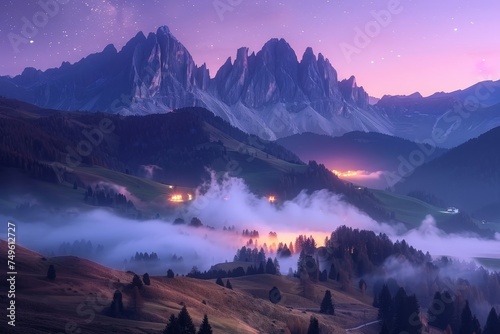 A mountain range with a foggy mist and a starry sky