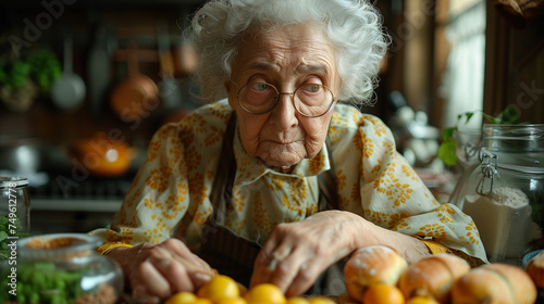 Gros plan d'une dame âgée avec un tablier faisant la cuisine, grand-mère aux fourneaux photo