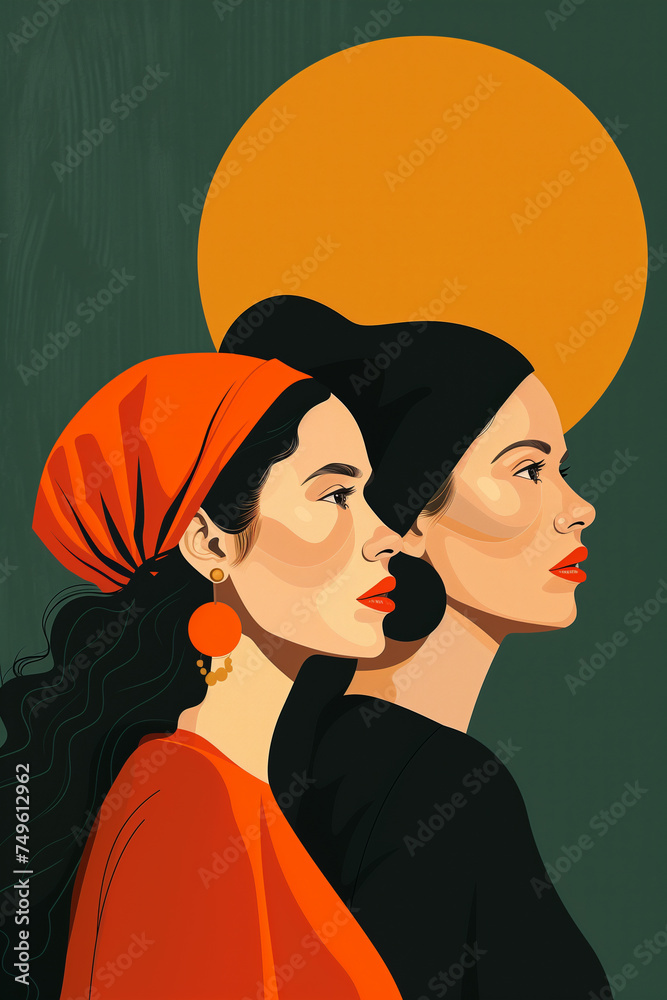 An orange and dark green duotone image of three women for women's history celebrating women's history
