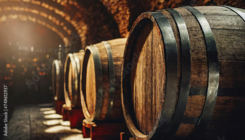 Close-up of traditional old wooden barrels in vintage wine cellar.