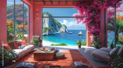 Interior design with ocean view, azure water visible through large window