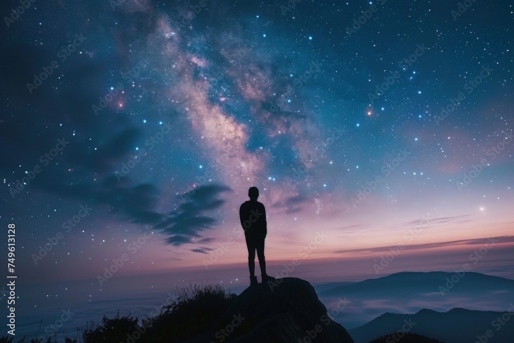 A person is standing on a mountain top at night, looking up at the stars