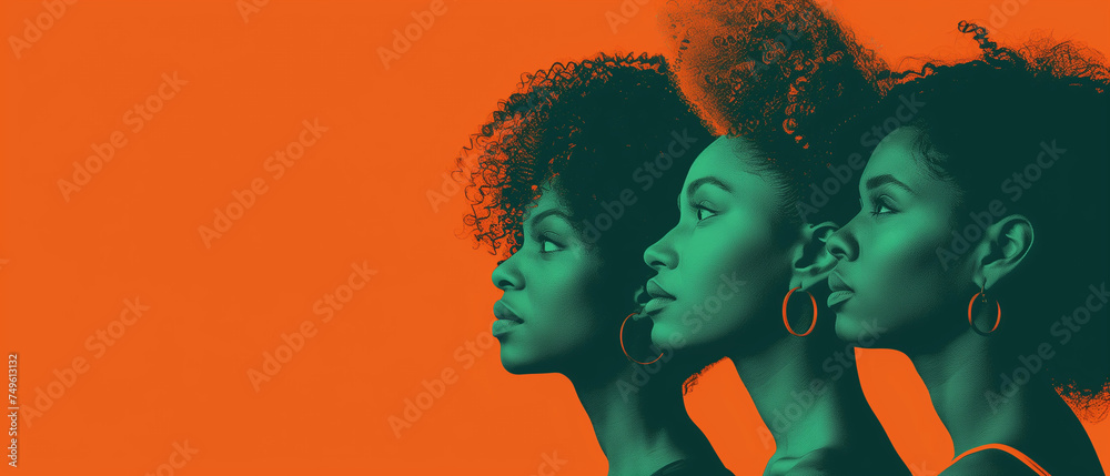 An orange and dark green duotone image of three women for women's history celebrating women's history An orange and dark green duotone image of three women for women's history celebrating women's history