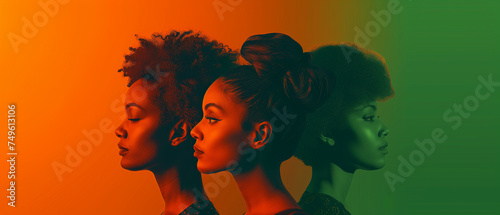 An orange and dark green duotone image of three women for women's history celebrating women's history