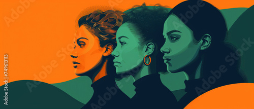 An orange and dark green duotone image of three women for women's history celebrating women's history