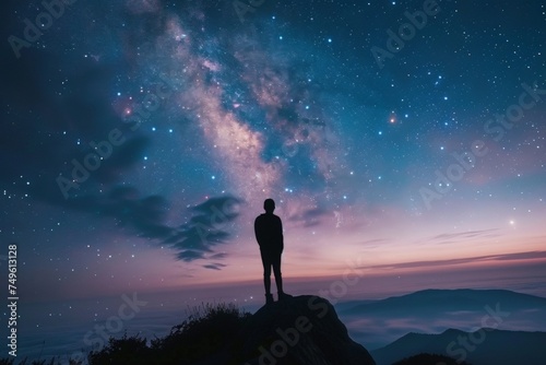 A person is standing on a mountain top at night, looking up at the stars