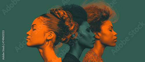An orange and dark green duotone image of three women for women's history celebrating women's history