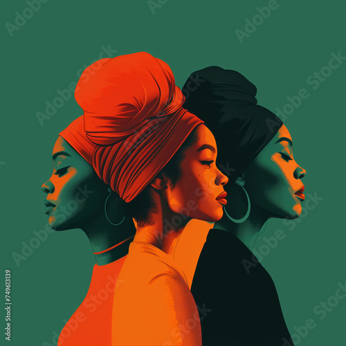 An orange and dark green duotone image of three women for women's history celebrating women's history
