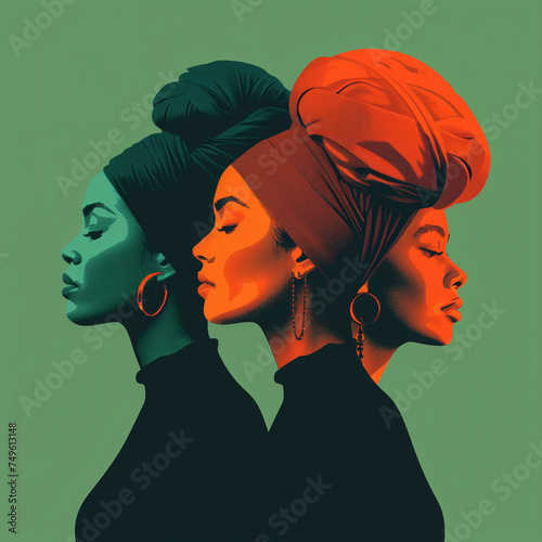 An orange and dark green duotone image of three women for women's history celebrating women's history